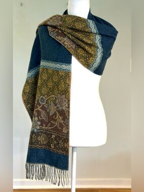 FRAAS Germany Cashmink Floral Fringe Scarf in Teal, Tan and Purple